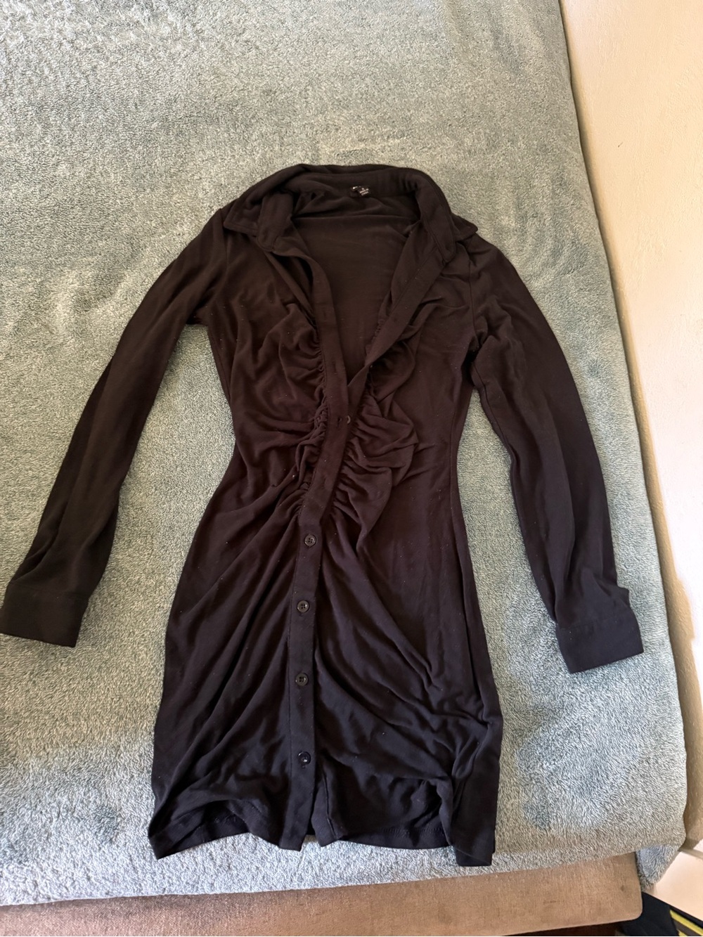 Long Sleeve Black Ruched Button-Front Dress